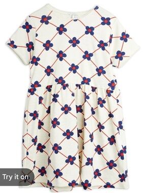 Mini Rodini Cream Dress with Blue and Red Floral Grid 7